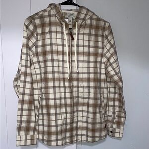 L.L. Bean Cream and Brown Check Hooded Shirt